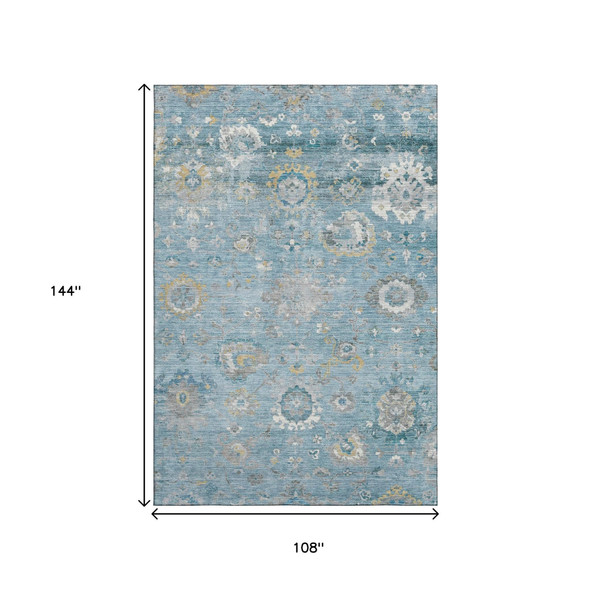 9' X 12' Teal Gold And Ivory Oriental Washable Area Rug With UV Protection