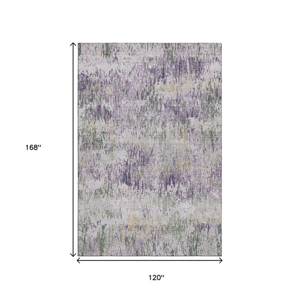 10' X 14' Lavender Ivory And Green Striped Washable Area Rug With UV Protection