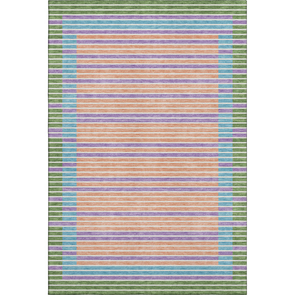 9' X 12' Lime Green Peach Teal And Purple Striped Washable Area Rug With UV Protection