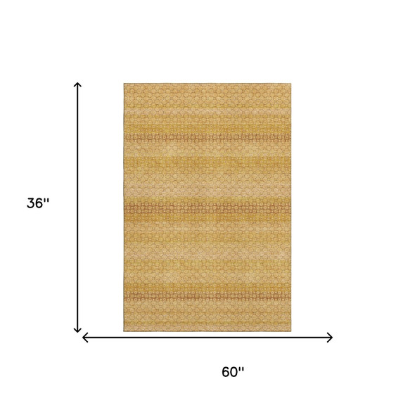 3' X 5' Wheat Gold And Beige Striped Washable Area Rug With UV Protection