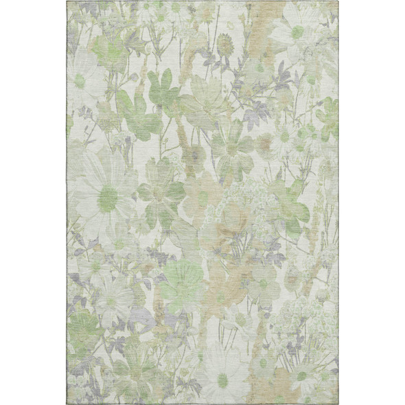 8' Artichoke Green Ivory And Lavender Floral Washable Area Rug With UV Protection