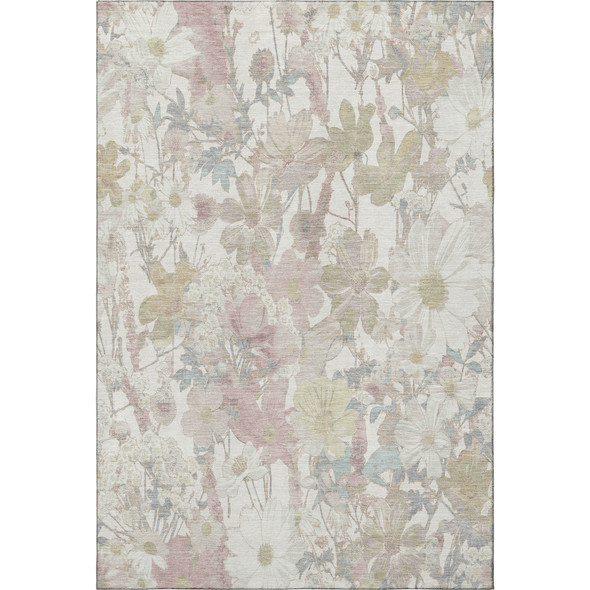 5' X 8' Ivory Beige And Linen Floral Washable Area Rug With UV Protection