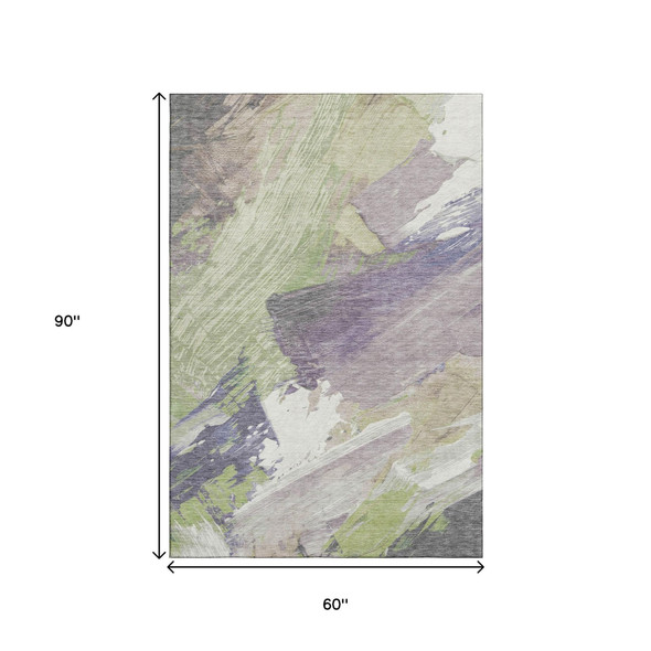 5' X 8' Artichoke Green Ivory And Taupe Abstract Washable Area Rug With UV Protection