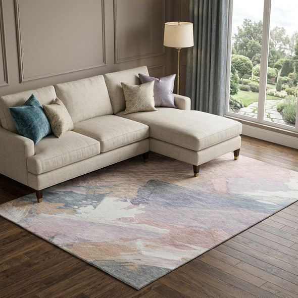 9' X 12' Pink Ivory And Beige Abstract Washable Area Rug With UV Protection