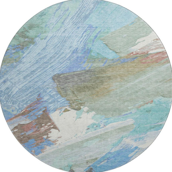 8' X 8' Sky Blue Ivory And Charcoal Abstract Washable Round Rug With UV Protection
