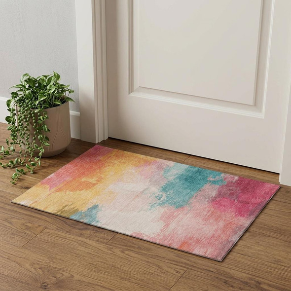 3' X 5' Pink Gold And Teal Abstract Washable Area Rug With UV Protection