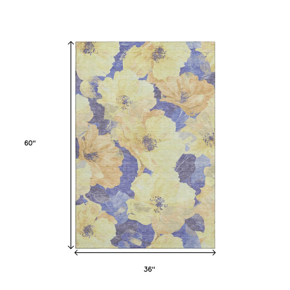 3' X 5' Wheat And Lavender Floral Washable Area Rug With UV Protection