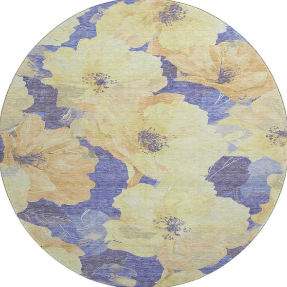 8' X 8' Wheat And Lavender Floral Washable Round Rug With UV Protection