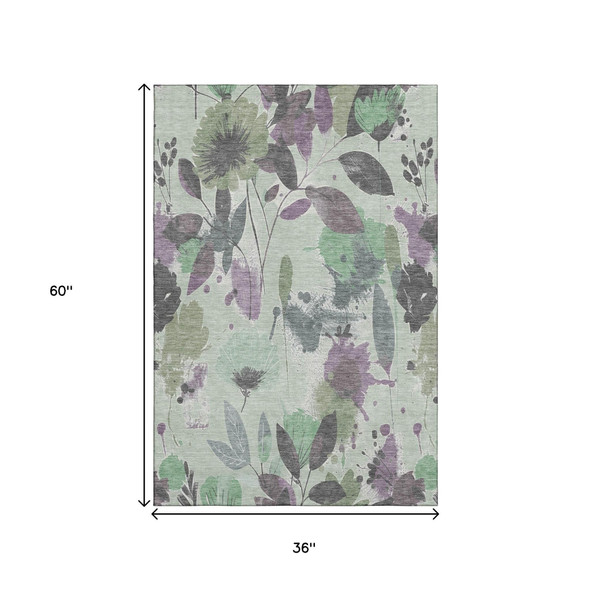 3' X 5' Sage Lavender And Gray Floral Washable Area Rug With UV Protection