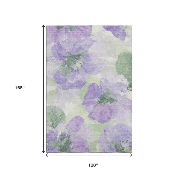10' X 14' Lavender And Green Floral Washable Area Rug With UV Protection