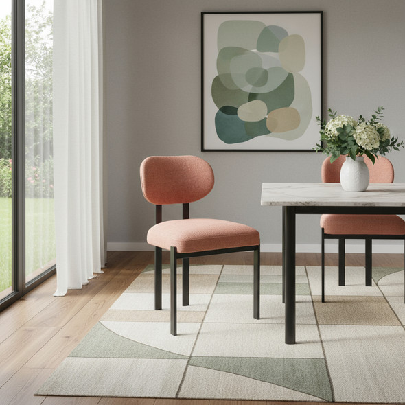 Set of Two Salmon and Black Chenille And Metal Partially Open Back Dining Side Chairs