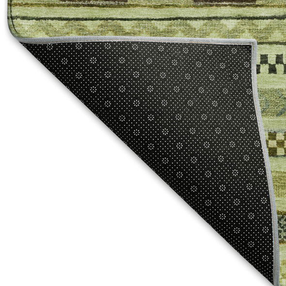 9' X 12' Artichoke Green Gray And Sage Striped Washable Area Rug With UV Protection