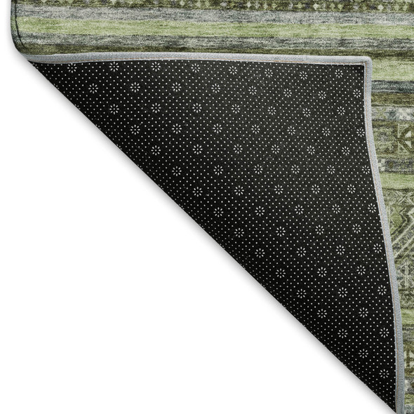 8' X 10' Olive Green Gray And Silver Striped Washable Area Rug With UV Protection