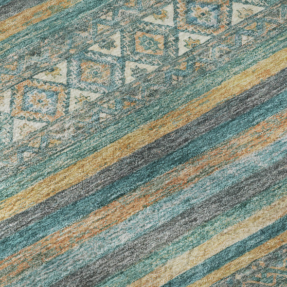 8' Teal Gold And Blue Striped Washable Round Rug With UV Protection