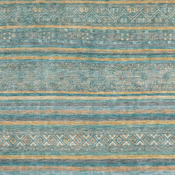 10' X 14' Teal Gold And Blue Striped Washable Area Rug With UV Protection