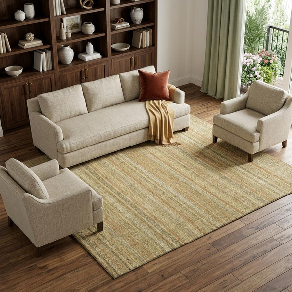 8' X 10' Wheat Gold And Beige Striped Washable Area Rug With UV Protection
