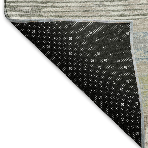5' X 8' Taupe Blue And Green Striped Washable Area Rug With UV Protection