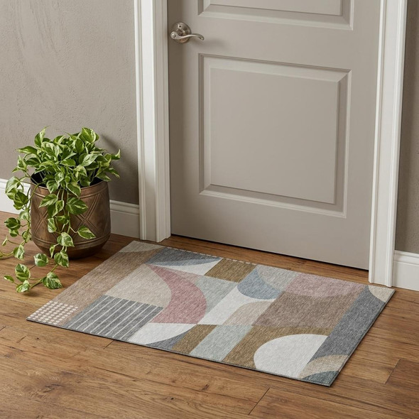 3' X 5' Coffee Mauve And Ivory Geometric Washable Area Rug With UV Protection