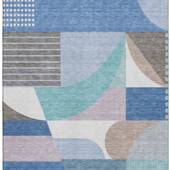 5' X 8' Sky Blue Teal And Ivory Geometric Washable Area Rug With UV Protection