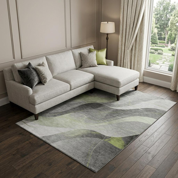 9' X 12' Artichoke Green Gray And Silver Abstract Washable Area Rug With UV Protection
