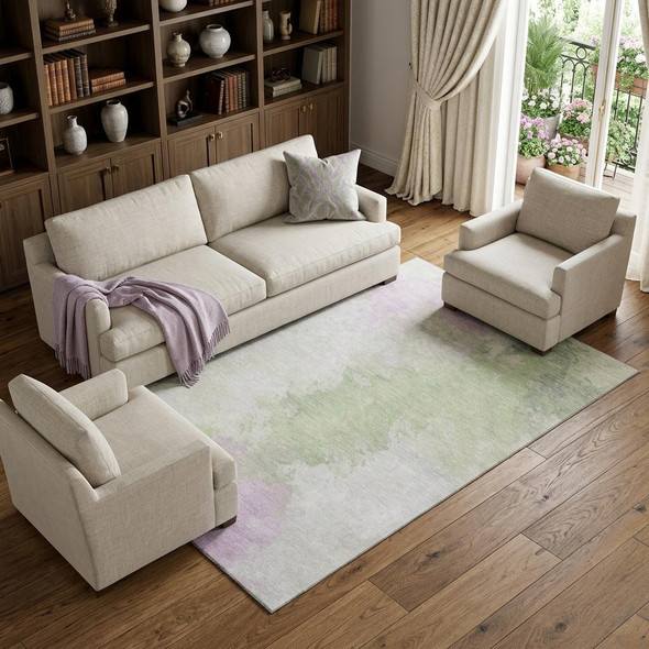 10' X 14' Artichoke Green Ivory And Lavender Abstract Washable Area Rug With UV Protection