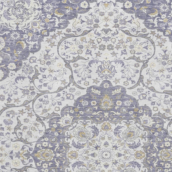 3' X 5' Lavender Ivory And Gold Medallion Washable Area Rug With UV Protection