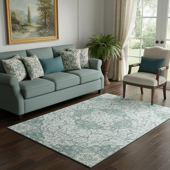5' X 8' Teal Gray And Silver Medallion Washable Area Rug With UV Protection