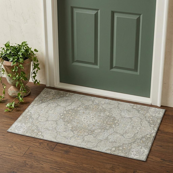 3' X 5' Taupe Gray And Ivory Medallion Washable Area Rug With UV Protection