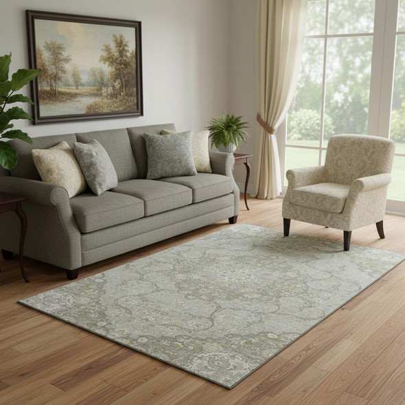 5' X 8' Taupe Gray And Ivory Medallion Washable Area Rug With UV Protection