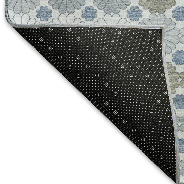 8' Denim Blue Gray And Silver Geometric Washable Round Rug With UV Protection