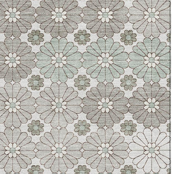 5' X 8' Taupe Beige And Teal Geometric Washable Area Rug With UV Protection