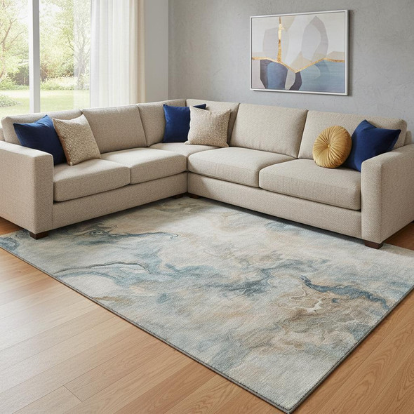 8' X 10' Teal Peach And Ivory Abstract Washable Area Rug With UV Protection