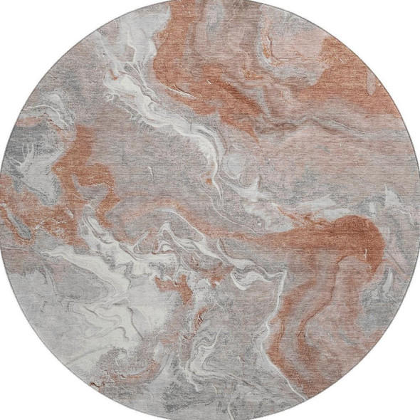 8' Salmon Gray And Ivory Abstract Washable Round Rug With UV Protection