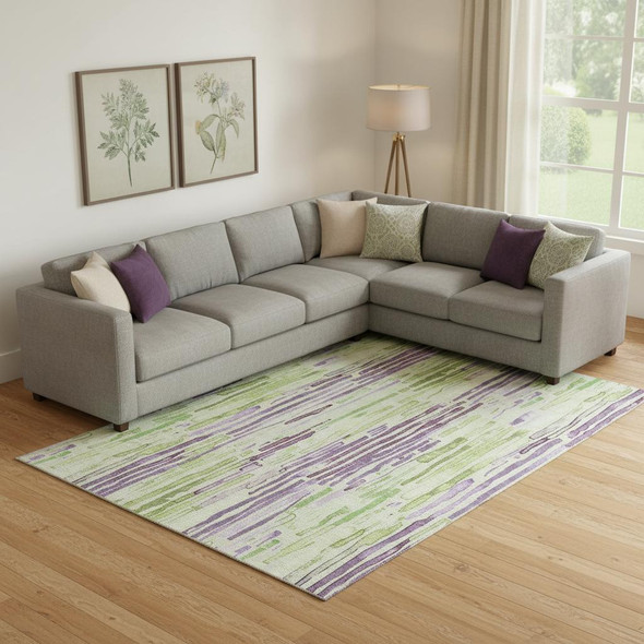 10' X 14' Artichoke Green Lavender And Ivory Striped Washable Area Rug With UV Protection