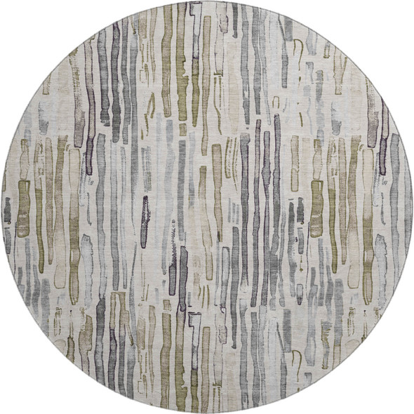 8' Beige Tan And Silver Striped Washable Round Rug With UV Protection