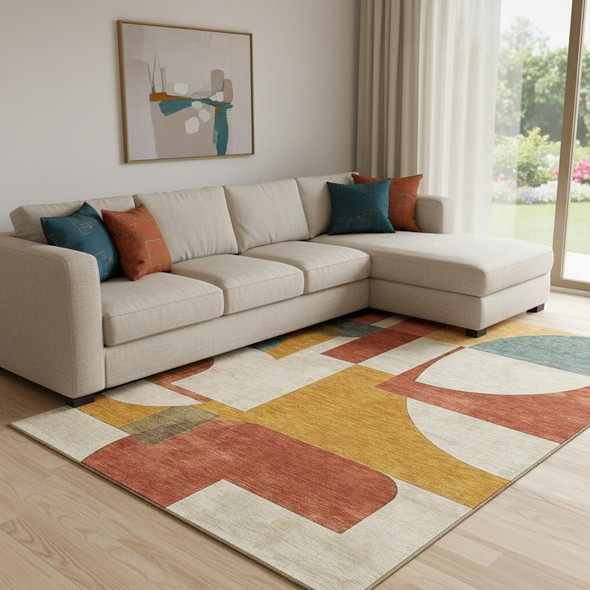 8' X 10' Coral Gold And Ivory Abstract Geometric Washable Area Rug With UV Protection