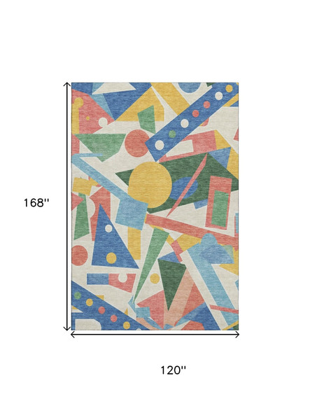 10' X 14' Blue Yellow And Coral Geometric Washable Area Rug With UV Protection