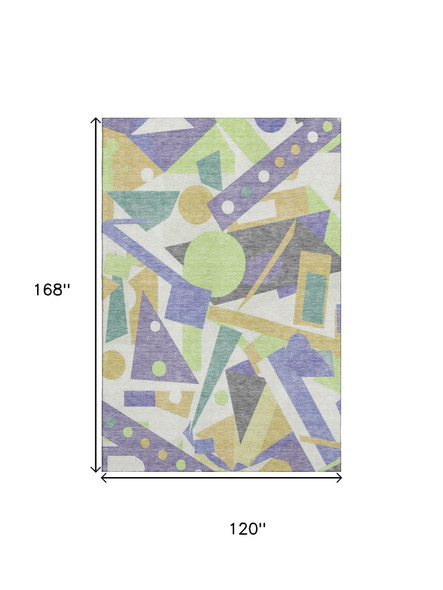 10' X 14' Lavender Lime Green And Gold Geometric Washable Area Rug With UV Protection
