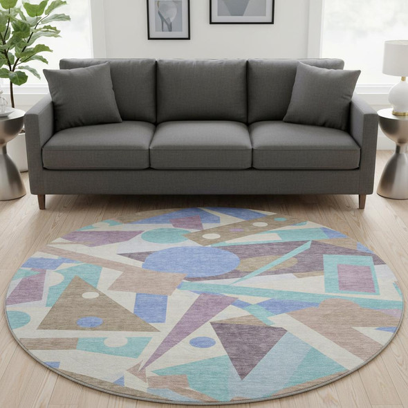 8' Coffee Purple And Teal Geometric Washable Round Rug With UV Protection