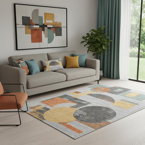 5' X 8' Gray Orange And Gold Geometric Washable Area Rug With UV Protection