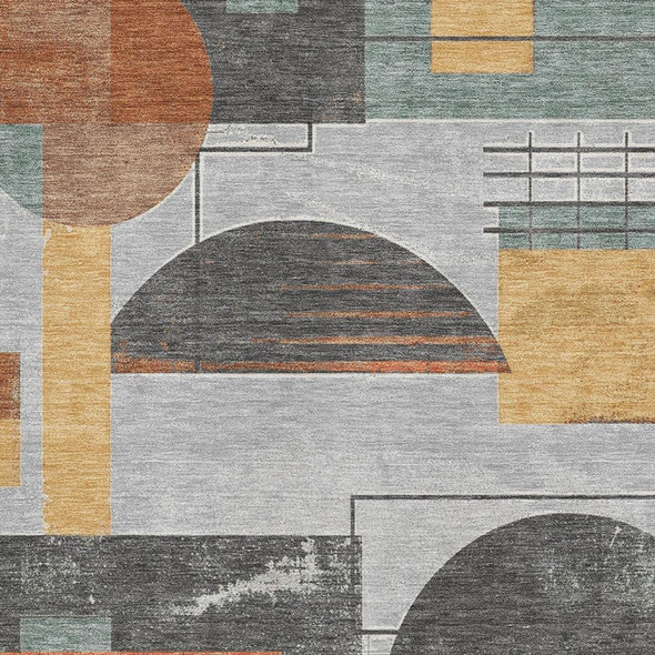 9' X 12' Gray Orange And Gold Geometric Washable Area Rug With UV Protection