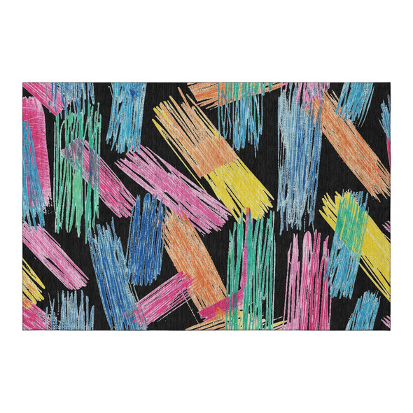 3' X 5' Black Pink And Yellow Striped Washable Area Rug With UV Protection