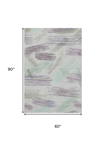 5' X 8' Sage Purple And Ivory Striped Washable Area Rug With UV Protection