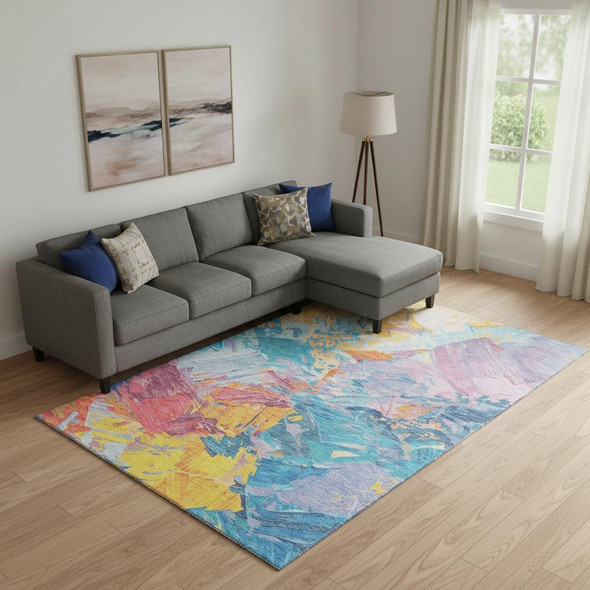 10' X 14' Blue Yellow And Pink Abstract Washable Area Rug With UV Protection