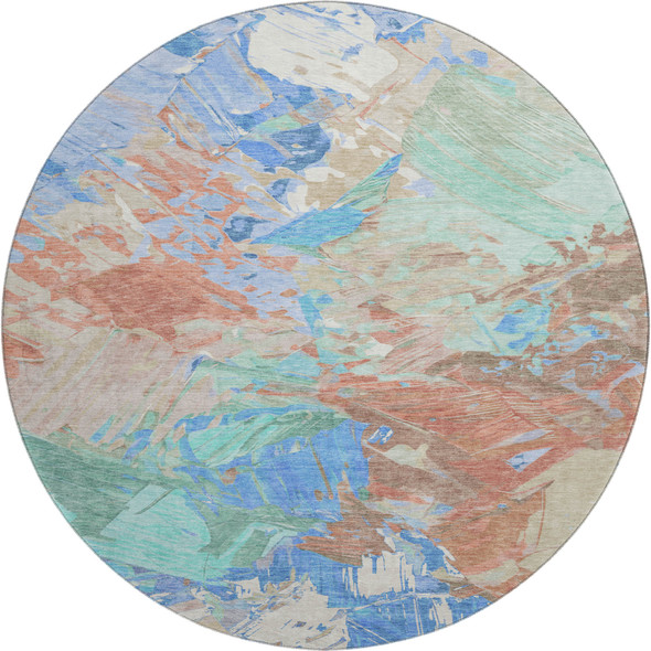 8' Coral Teal And Copper Abstract Washable Round Rug With UV Protection