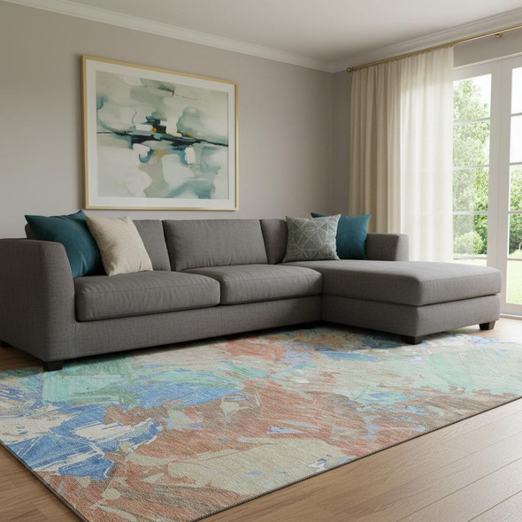 8' X 10' Coral Teal And Copper Abstract Washable Area Rug With UV Protection
