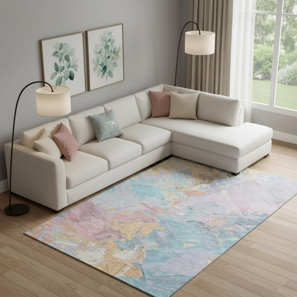 10' X 14' Teal Gold And Pink Abstract Washable Area Rug With UV Protection
