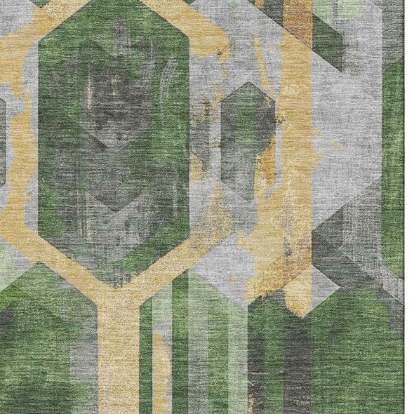 9' X 12' Green Gold And Gray Geometric Washable Area Rug With UV Protection