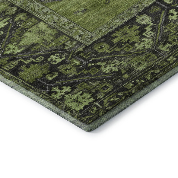 5' X 8' Olive Green And Charcoal Oriental Washable Area Rug With UV Protection