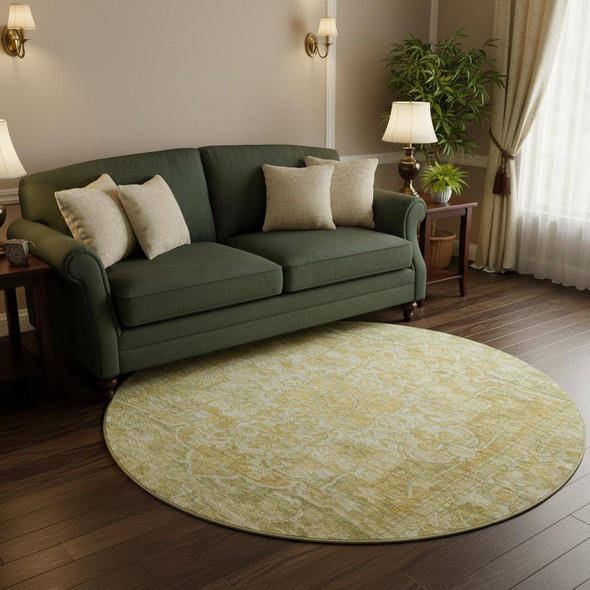 8' Tan Gold And Ivory Oriental Washable Round Rug With UV Protection